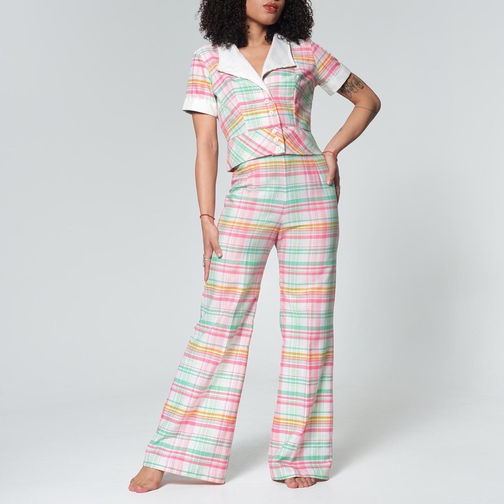 Vintage 60s-70s Madras Plaid Linen Pantsuit